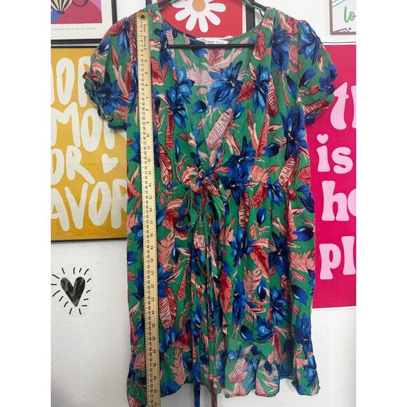 ZARA BASIC Z1975 Green Floral Wrap Dress M | Puff Sleeve Belted Mini Boho Style - Picture 7 of 7